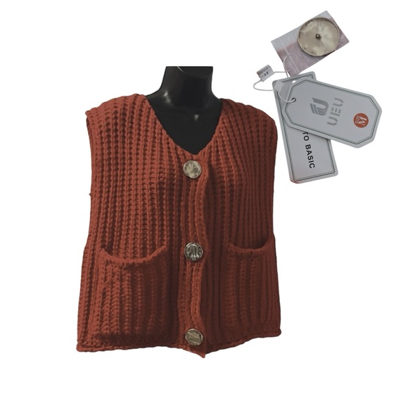 UEU Chunky Crop Knit Red Sweater Vest SZ L Women Western Streetwear Open Pockets - Picture 2 of 5